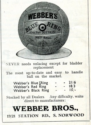 An advertisement for Webbers netballs from Netball Magazine 1937