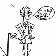 Cartoon showing a player next to a very small goal post with the caption 'Who left the post out in the rain?'