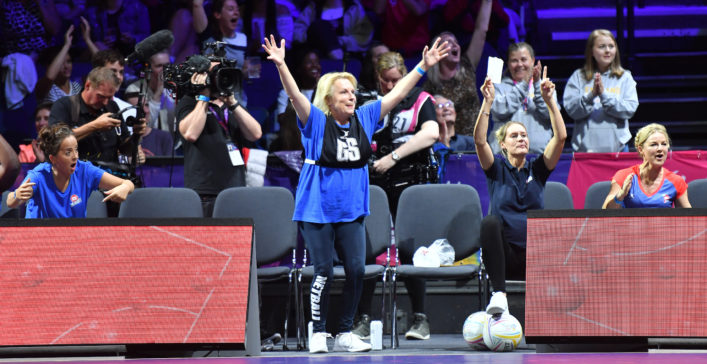 Picture by SWpix.com 19/07/2019 - Netball Vitality Netball World Cup Liverpool 2019 - M & S Bank Arena the brief, branding, Comic Relief Celebrity Netball Match - Jennifer Saunders and Oti Mabuse - Sport Relief | SWpix.com