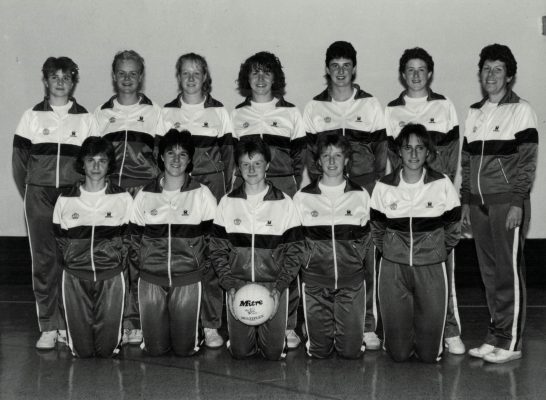 England Under 18 Squad. Back row left to right:  Julie French, Louise Jones, Alison Egarr, Susan Brissenden, Lisa Topliss, Kelly Frith, Liz Broomhead (Coach). Front row:  Margaret Cossing, Nichola Gabriel, Tracy Webster, Alison Winder, Natalie Andrews.
