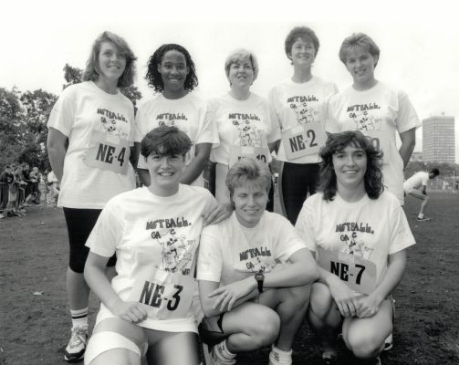 The team of England players who came fourth in the Team event of the Sunday Times National Fun Run held in Hyde Park, 30th September 1990. Left to right: Back row - Denise Green, Sandra Fairweather, Patsy Rochester, Sally Young, Lisa James Front row - Lucia Sdao, Jane Hyrons, Alison Keyte | Allsport